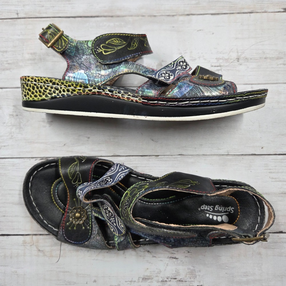 Spring Step Suzanne Sandals Womens 40 Black Multi Leather Floral Wedge Slingback